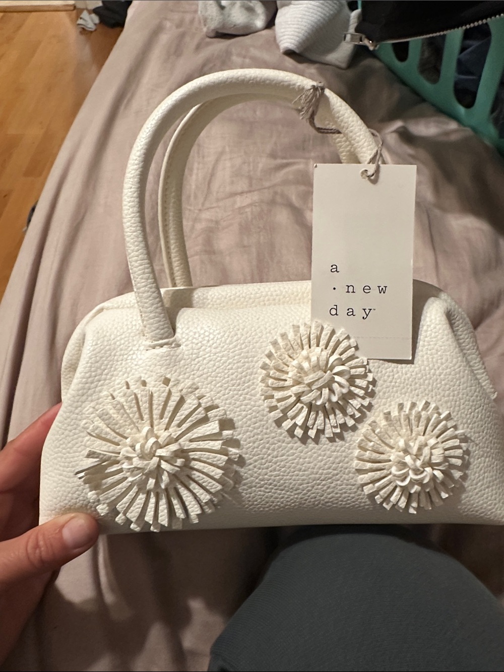 a new day White Textured Mini Satchel with Pom-Pom Accents